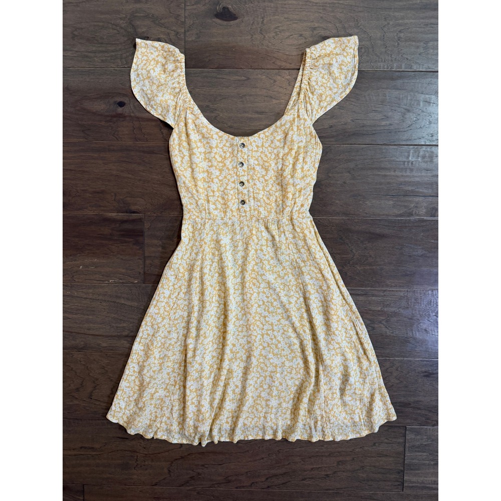 Billabong Yellow Floral Flutter Sleeve Mini Dress Smocked Back Small